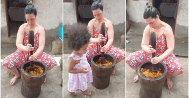 "Real African Wife": White Woman Pounds Palm Fruits Used for Local 'Banga Soup', Video Goes Viral on TikTok