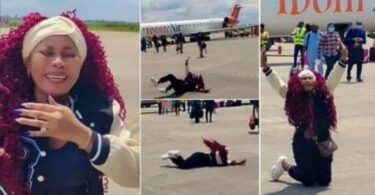 Lady breaks into tears, rolls on the floor at the airport after entering aeroplane for the first time (Video)