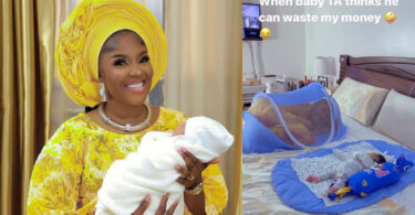 “You cannot waste my money!” – Actress, Biola Abayo sleeps inside her son’s baby cot because he refuses to sleep in it.