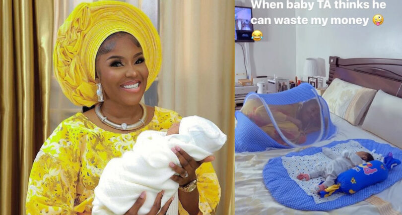 “You cannot waste my money!” – Actress, Biola Abayo sleeps inside her son’s baby cot because he refuses to sleep in it.