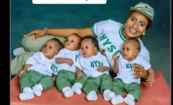 "I Like Their Uniforms": NYSC Lady Who Gave Birth to Quadruplets Poses With Them in Viral TikTok Video