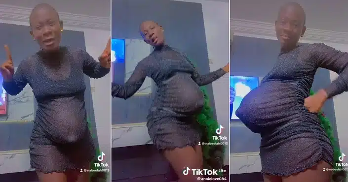 “God dey create belle o” – Pregnant Nigerian woman with unique baby bump dances at home, video causes stir