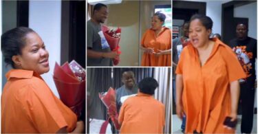 Toyin Abraham Honours Emeka Ike, Kneels Down, Calls Him Sir And Gifts Him Flowers: “Humble and Respectful”