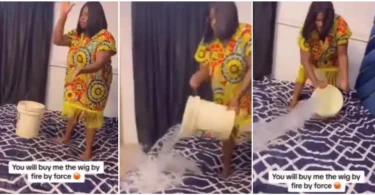 “We will not sleep today” – Angry wife soaks their matrimonial bed with water after husband refuses to buy her wig; Video causes buzz