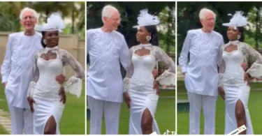 Lady causes buzz as she marries elderly Oyinbo lover, proudly flaunts him online