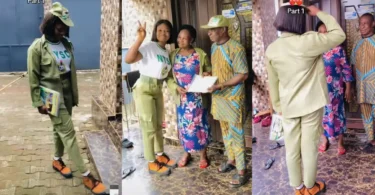 “Thanks to my parents” – Lady marches like soldier to congratulate parents after NYSC, salutes, and hands over her certificate