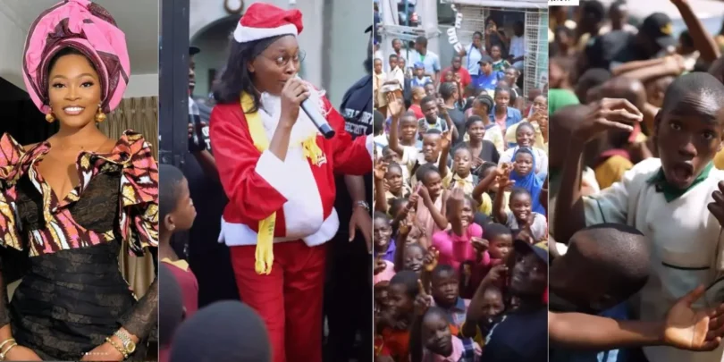 “This is so amazing” – Kie Kie dresses like Father Christmas as she storms Lagos street to celebrate love with kids and mothers, shares gifts (Video)