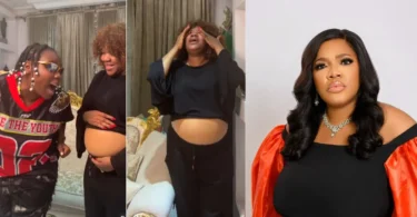 Toyin Abraham shows off baby bump as Teni Makanaki sings hit song ‘Malaika’ for her, she gets emotional (Video)