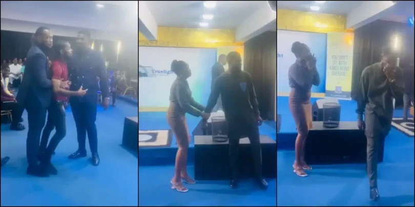 “I trained her in school for 7 years” – Drama as man disrupts a marriage proposal in church